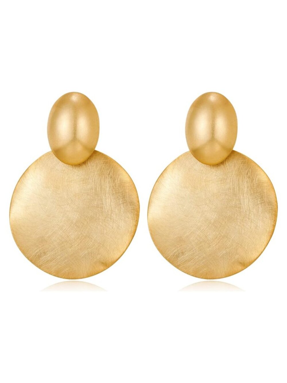 Large Hammered Disc Drop Dangle Earrings Matte Plated Brass Statement